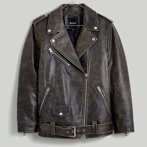 Madewell Distressed Leather Oversized Motorcycle Jacket in Washed Fatigue Medium